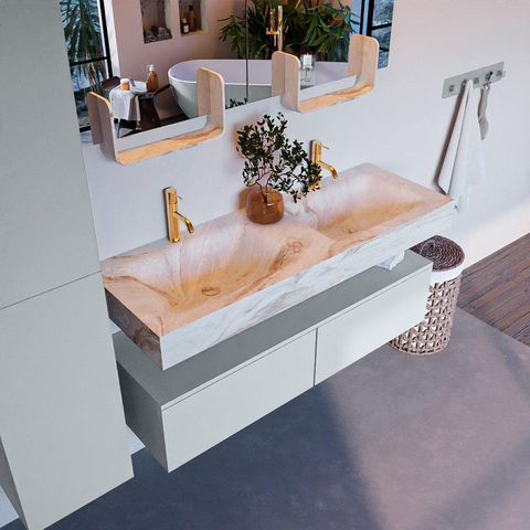 Mondiaz ALAN-DLUX Ensemble de meuble - 130cm - meuble Clay mat - 2 tiroirs - Lavabo Cloud Frappe suspendu - vasque Gauche et droite - 2 trous de robinet SW805647