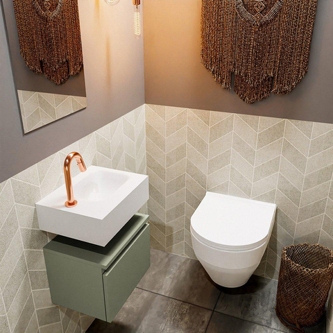 MONDIAZ ANDOR Toiletmeubel - 40x30x30cm - 1 kraangat - 1 lades - army mat - wasbak rechts - Solid surface - Wit SW474047