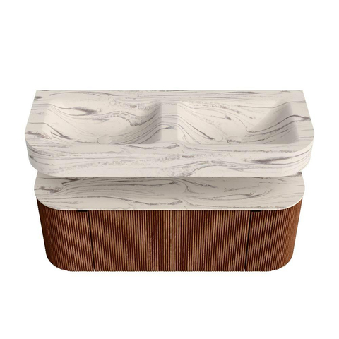 MONDIAZ THOR-DLUX Meuble de salle de bains 120cm arrondi gauche + droite couleur Ruby avec 1 tiroir et 2 portes. Vasque suspendue CLOUD Double sans trou de robinet couleur Nata. SW1463373