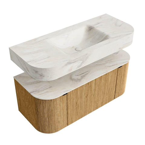 MONDIAZ THOR-DLUX 110cm badmeubel ronding links + rechts kleur Oak met 1 lade en 2 deuren. Vrijhangende wastafel CLOUD Midden zonder kraangat kleur Ostra. SW1462806