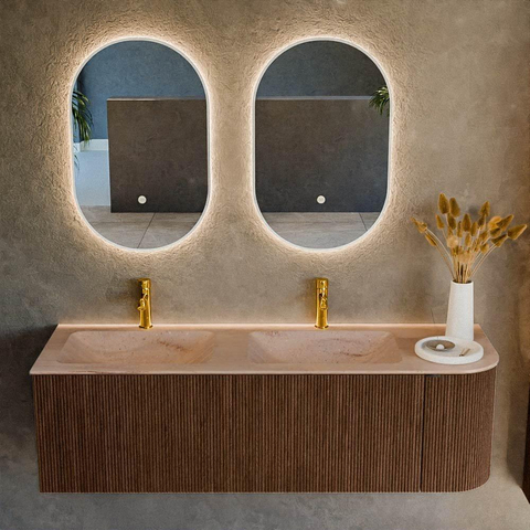 MONDIAZ KURVE-DLUX Meuble de salle de bains 145cm arrondi à droite couleur Walnut avec 1 tiroir et 1 porte. Lavabo LEAF Double / Gauche 2 trous de robinet Saba. SW1433202