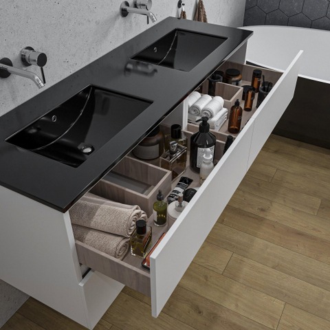 Saniclass Chaci Meuble de salle de bain - 140x46x55cm - lavabo en céramique noir - 2 vasques - sans trous de robinet - 4 tiroirs - blanc mat SW1171462