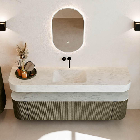 MONDIAZ THOR-DLUX 180cm meuble de salle de bains arrondi gauche + droite couleur Shadow avec 2 tiroirs et 2 portes. Vasque suspendue CLOUD Milieu sans trou de robinet couleur Opalo. SW1466137