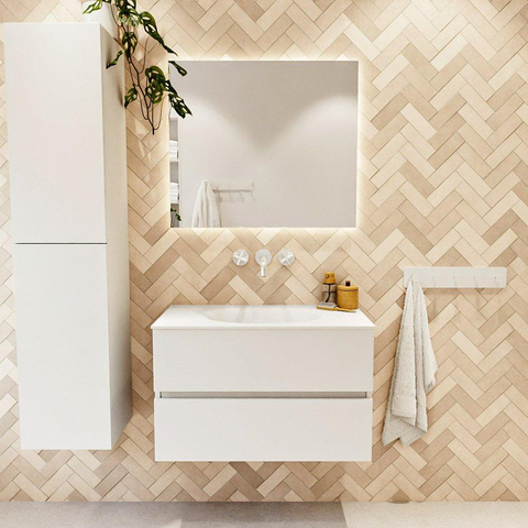 MONDIAZ VICA Meuble de salle de bains 80cm sous-meuble Talc 2 tiroirs. Lavabo MOON central sans trou de robinet, couleur Talc. SW1381801