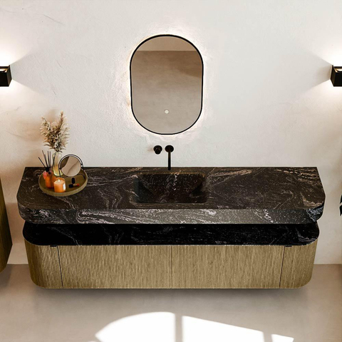 MONDIAZ THOR-DLUX 200cm meuble de salle de bains arrondi gauche + droite couleur Dusk avec 2 tiroirs et 2 portes. Vasque suspendue CLOUD Milieu sans trou de robinet couleur Lava. SW1466854