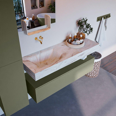 Mondiaz ALAN-DLUX Ensemble de meuble - 130cm - meuble Army mat - 1 tiroir - Lavabo Cloud Frappe suspendu - vasque Gauche - 0 trous de robinet SW805450