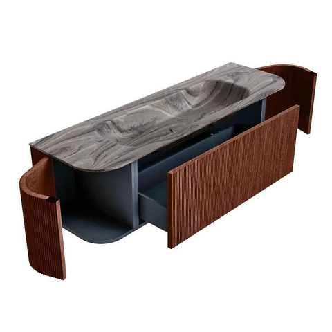 MONDIAZ KURVE-DLUX 150cm badmeubel ronding Links + Rechts kleur Ruby met 1 lade en 2 deuren. Wastafel BIG MEDIUM Midden zonder kraangat Sombra. SW1433957