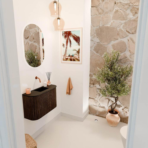 Mondiaz JOYA 63.2cm toiletmeubel - ronding links en rechts kleur Walnut - Wastafel FAYE positie Midden Zonder kraangat kleur Urban. SW1421383