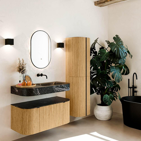 MONDIAZ THOR-DLUX 100cm meuble de salle de bains arrondi gauche + droite couleur Chêne avec 1 tiroir et 2 portes. Vasque suspendue CLOUD Droite sans trou de robinet couleur Lava. SW1467314