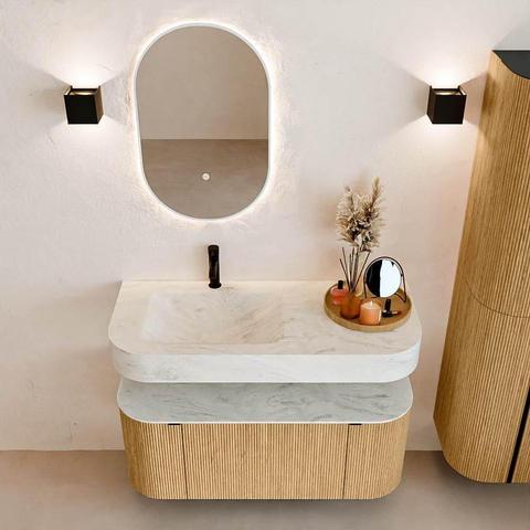 MONDIAZ THOR-DLUX Meuble de salle de bains 110cm arrondi gauche + droite couleur Chêne avec 1 tiroir et 2 portes. Vasque suspendue CLOUD Gauche 1 trou de robinet couleur Opalo. SW1462733