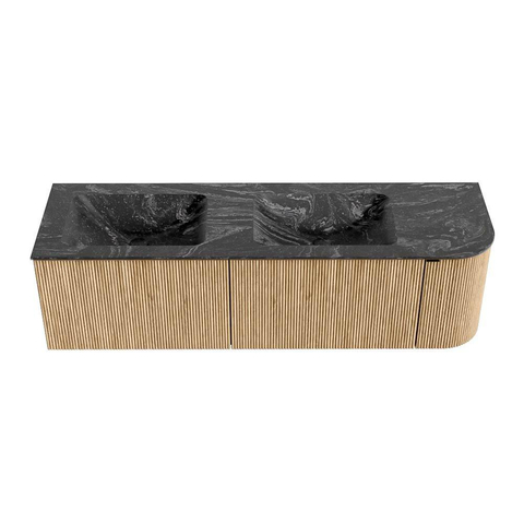 MONDIAZ KURVE-DLUX meuble de salle de bains 155 cm avec module 25 R couleur Oak avec 2 tiroirs et 1 porte. Lavabo LEAF double / gauche 2 trous de robinet couleur Lava. SW1137210