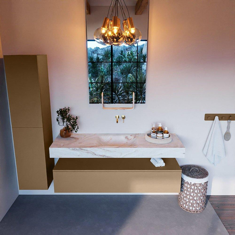 Mondiaz ALAN-DLUX Ensemble de meuble - 150cm - meuble Oro mat - 1 tiroir - Lavabo Cloud Frappe suspendu - vasque Centre - 0 trous de robinet SW805774