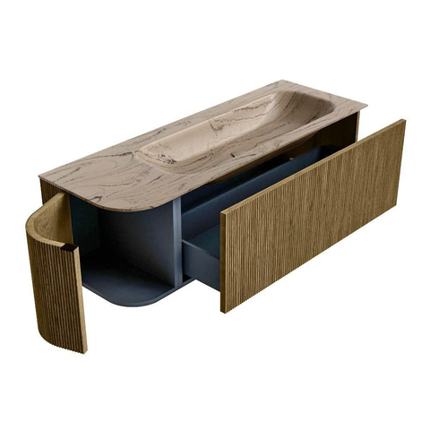 MONDIAZ KURVE-DLUX meuble de salle de bains 135cm arrondi à gauche couleur Dusk avec 1 tiroir et 1 porte. Lavabo BIG MEDIUM à droite 1 trou de robinet Arena. SW1431369