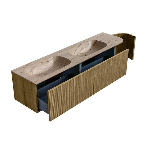 MONDIAZ KURVE-DLUX 175cm meuble de salle de bains arrondi Droite couleur Dusk avec 2 tiroirs et 1 porte. Lavabo STOR SMALL Double / Gauche 2 trous de robinet Arena. SW1431431