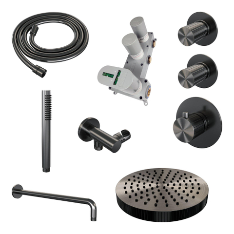 BRAUER Stripe Thermostatische Inbouw Regendouche - SET 02 - 25cm douchekop - gebogen muurarm - staaf handdouche - doucheslang - wandaansluitbocht - gunmetal geborsteld PVD SW1434993