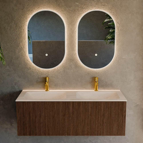 MONDIAZ KURVE-DLUX 120cm badmeubel kleur Walnut met 1 lade en 0 deuren. Wastafel LEAF Dubbel 2 kraangaten Meli. SW1431730