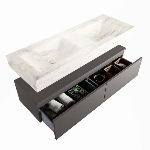 Mondiaz ALAN-DLUX Ensemble de meuble - 130cm - meuble Dark grey mat - 2 tiroirs - Lavabo Cloud Ostra suspendu - vasque Gauche et droite - 2 trous de robinet SW807110
