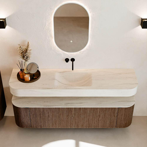 MONDIAZ THOR-DLUX 170cm meuble de salle de bains arrondi gauche + droite couleur Walnut avec 1 tiroir et 2 portes. Vasque suspendue CLOUD Milieu sans trou de robinet couleur Meli. SW1465841