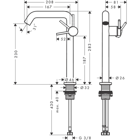 Hansgrohe Tecturis s Eengreeps wastafelkraan - 240 Fine - coolstart - voor waskommen - zonder waste - hoogglans chroom SW918579