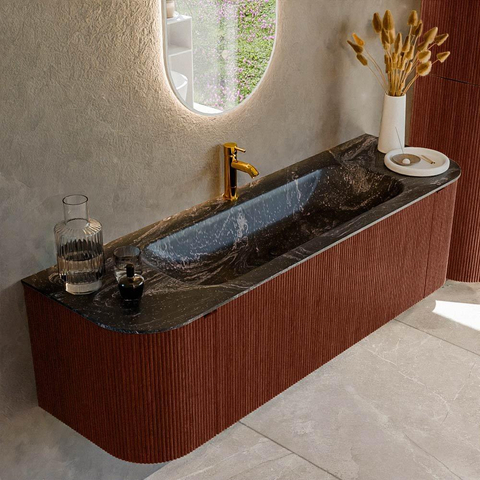 Mondiaz KURVE-DLUX Ensemble de meuble de salle de bains - 150x46x40cm - 1 tiroir - 2 portes - lavabo solid surface - au milieu - 1 trou de robinet - Ruby SW1416049