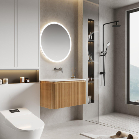 Royal Plaza Terra Edge Ensemble meuble de salle de bains - 80x45.5x46cm - vasque en céramique blanc brillant - 1 vasque - sans trous de robinet - 2 tiroirs - sandwood (chêne clair) SW1471928