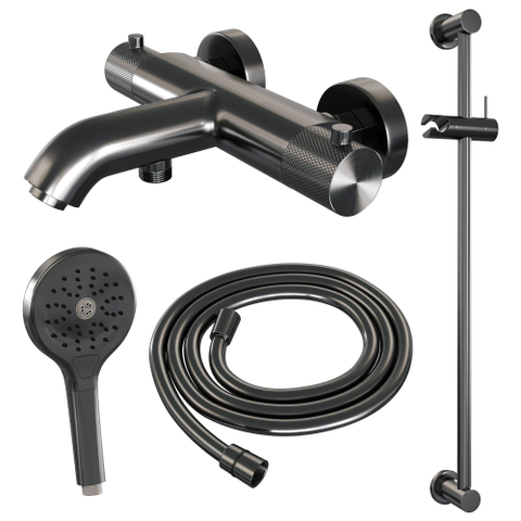Brauer Robinet de baignoire à encastrer Gunmetal - barre de douche - 2 fonctions - 2 boutons avec relief - douchette ronde 3 positions - PVD - gunmetal brossé SW1164654