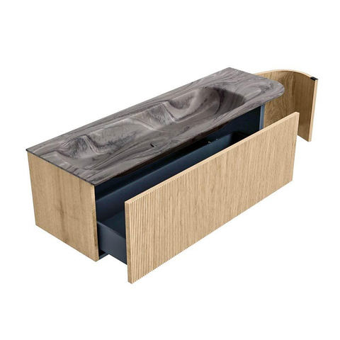 MONDIAZ KURVE-DLUX Meuble de salle de bains 145cm arrondi à droite couleur Chêne avec 1 tiroir et 1 porte. Lavabo BIG LARGE à gauche 2 trous de robinet Sombra. SW1433580