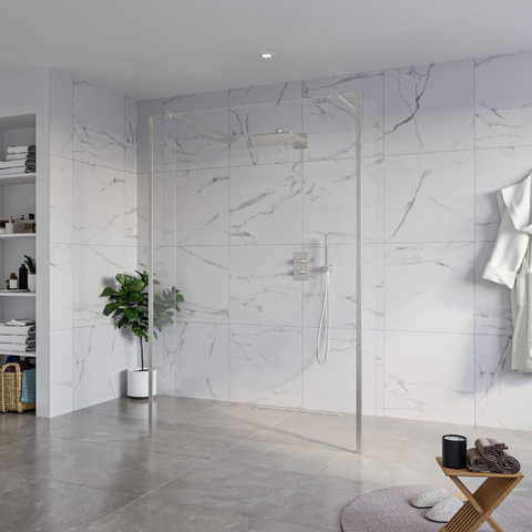 Fortifura Galeria Vrijstaande Inloopdouche - 140x200cm - helder - antikalk - 8mm veiligheidsglas - 2 zijwanden - 30cm - wandsteunen en hoekprofielen - PVD - geborsteld RVS SW992945