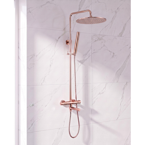 Fortifura Calvi Ensemble de douche pluie - thermostatique - douche de tête 30cm - flexible métallique - douchette bâton - bec de baignoire pivotant - Cuivre brossé PVD (Cuivre) SW1592479