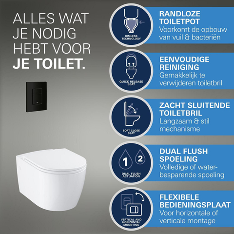 GROHE Solido Start Round toiletset diepspoel - rimless - GROHE Rapid SL inbouwreservoir - softclose toiletzitting - bedieningsplaat mat zwart SW1244474
