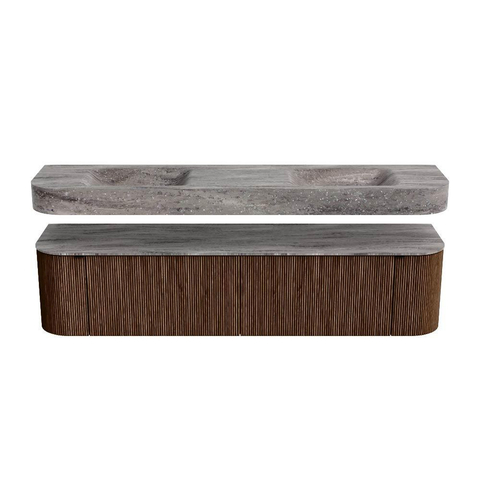 MONDIAZ THOR-DLUX 190cm meuble de salle de bains arrondi gauche + droite couleur Walnut avec 2 tiroirs et 2 portes. Vasque suspendue CLOUD Double 2 trous de robinet couleur Oza. SW1466821