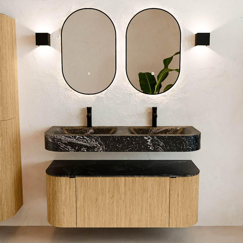 MONDIAZ THOR-DLUX 120cm meuble de salle de bains arrondi gauche + droite couleur Oak avec 1 tiroir et 2 portes. Vasque suspendue CLOUD Double 2 trous de robinet couleur Lava. SW1463088
