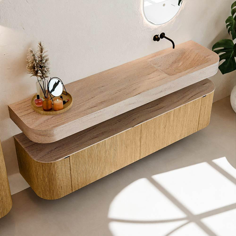 MONDIAZ THOR-DLUX 190cm meuble de salle de bains arrondi gauche + droite couleur Oak avec 2 tiroirs et 2 portes. Vasque suspendue CLOUD Droite sans trou de robinet couleur Saba. SW1466639