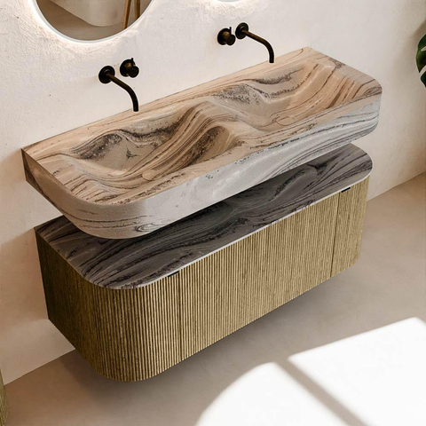 MONDIAZ THOR-DLUX 120cm meuble de salle de bains arrondi gauche + droite couleur Dusk avec 1 tiroir et 2 portes. Vasque suspendue CLOUD Double sans trou de robinet couleur Sombra. SW1463683