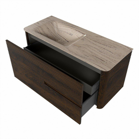 Mondiaz CIRO-DLUX Badkamermeubelset - 110x45x50cm - Solid surface wastafel Arena - 1 wasbak Links - zonder kraangaten - 2 lades - Walnut SW1530421