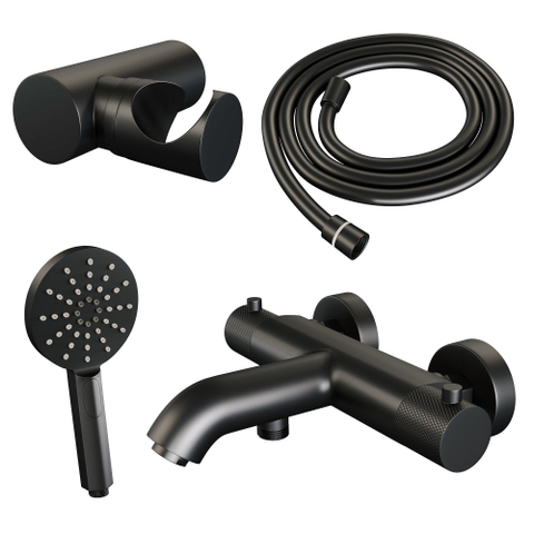 Brauer Black Carving Robinet de baignoire - avec set de douchette - 1 fonction - 2 boutons carving - douchette ronde 3 jets - noir mat SW716161