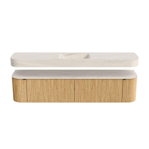 MONDIAZ THOR-DLUX 200cm meuble de salle de bains arrondi gauche + droite couleur Oak avec 2 tiroirs et 2 portes. Vasque suspendue CLOUD Centre sans trou de robinet couleur Meli. SW1467092