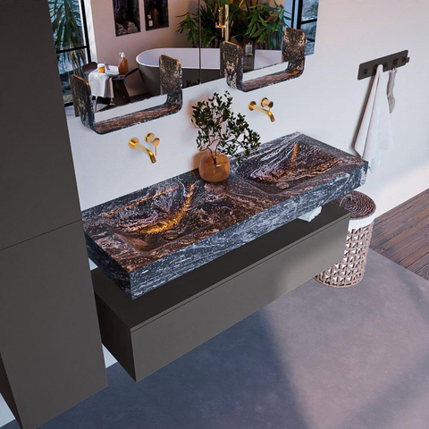 Mondiaz ALAN-DLUX Ensemble de meuble - 130cm - meuble Dark grey mat - 1 tiroir - Lavabo Cloud Lava suspendu - vasque Gauche et droite - 0 trous de robinet SW808103