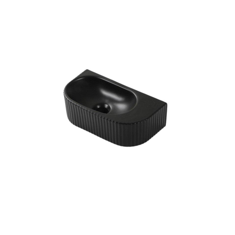 QeramiQ Fuente Ensemble de Lavabo - 40x21.5x12cm - strié - demi-rond - céramique - ensemble de robinet en laiton brossé - bouchon de vidange - siphon réduit - noir mat SW1233112