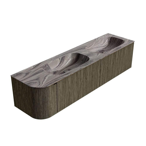 MONDIAZ KURVE-DLUX 175cm badmeubel ronding Links kleur Shadow met 2 lades en 1 deur. Wastafel STOR SMALL Dubbel / Rechts 2 kraangaten Sombra. SW1433814