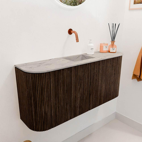 Mondiaz JOYA-DLUX 93.2cm meuble de salle de bains - arrondi gauche et droite couleur Walnut - Vasque FAYE position Milieu Sans trou de robinet couleur Glace. SW1422452