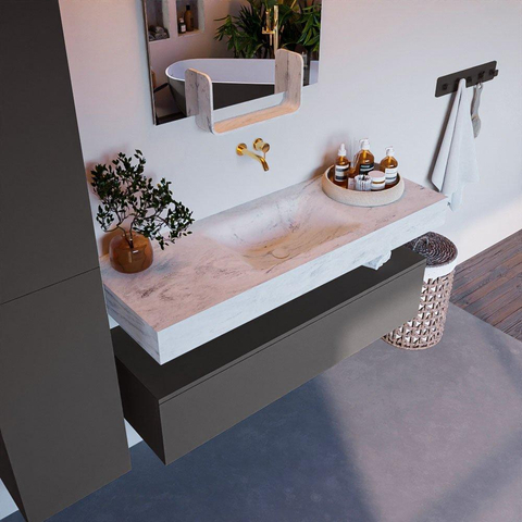 MONDIAZ ALAN - DLUX Ensemble meuble de salle de bains - 130cm - meuble bas - Dark grey - 1 tiroir - lavabo suspendu - bac au centre - 0 trous de robinet - Opalo SW806440