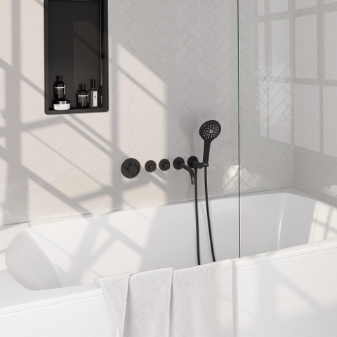 BRAUER Stripe Mitigeur thermostatique baignoire - SET 02 - encastré - bec - douchette à main 3 positions - flexible de douche - coude mural - noir mat SW1435123