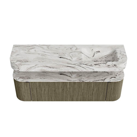 MONDIAZ THOR-DLUX Meuble de salle de bains 160cm arrondi gauche + droite couleur Shadow avec 1 tiroir et 2 portes. Vasque suspendue CLOUD Droite 1 trou de robinet couleur Glace. SW1467681