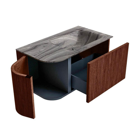 MONDIAZ KURVE-DLUX Meuble de salle de bains 85cm arrondi à gauche couleur Ruby avec 1 tiroir et 1 porte. Lavabo CLOUD à droite sans trou de robinet Sombra. SW1433923