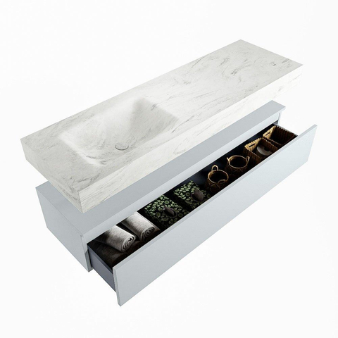 Mondiaz ALAN-DLUX Ensemble de meuble - 150cm - meuble Clay mat - 1 tiroir - Lavabo Cloud Opalo suspendu - vasque Gauche - 1 trou de robinet SW807019