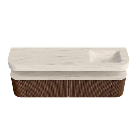 MONDIAZ THOR-DLUX 190cm meuble de salle de bains arrondi gauche + droite couleur Walnut avec 2 tiroirs et 2 portes. Vasque suspendue CLOUD Droite 1 trou de robinet couleur Meli. SW1466735