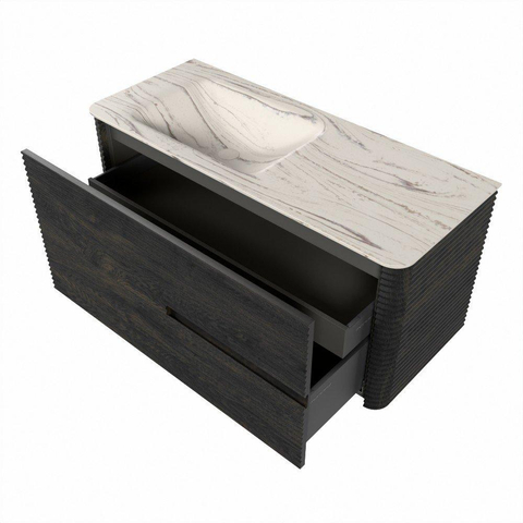Mondiaz CIRO-DLUX Meuble de salle de bains - 110x45x50cm - Plan vasque en solid surface Nata - 1 lavabo à gauche - 1 trou de robinetterie - 2 tiroirs - Shadow SW1532562