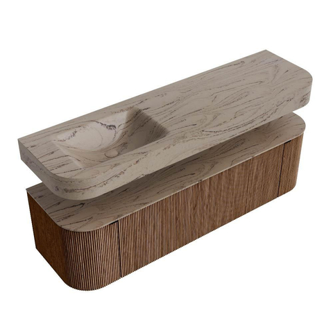 MONDIAZ THOR-DLUX 160cm meuble de salle de bains arrondi gauche + droite couleur Walnut avec 1 tiroir et 2 portes. Vasque suspendue CLOUD Gauche sans trou de robinet couleur Arena. SW1465145