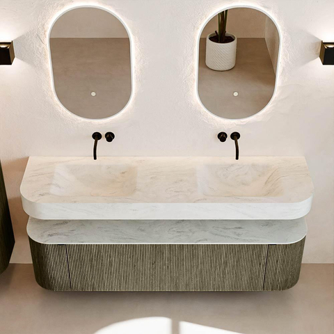 MONDIAZ THOR-DLUX 170cm badmeubel ronding links + rechts kleur Shadow met 1 lade en 2 deuren. Vrijhangende wastafel CLOUD Dubbel zonder kraangat kleur Opalo. SW1465558